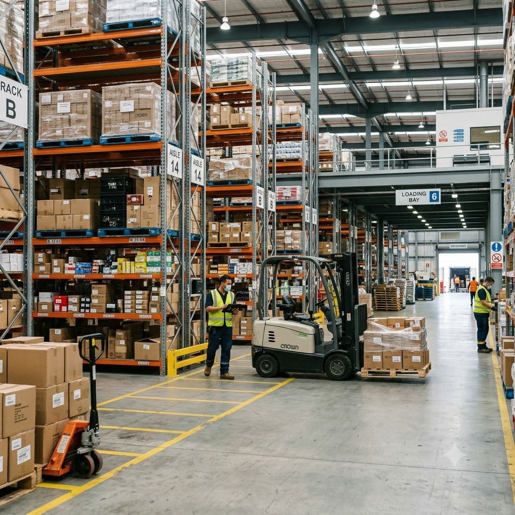 Warehouse floor with pallet racking and a forklift moving inventory